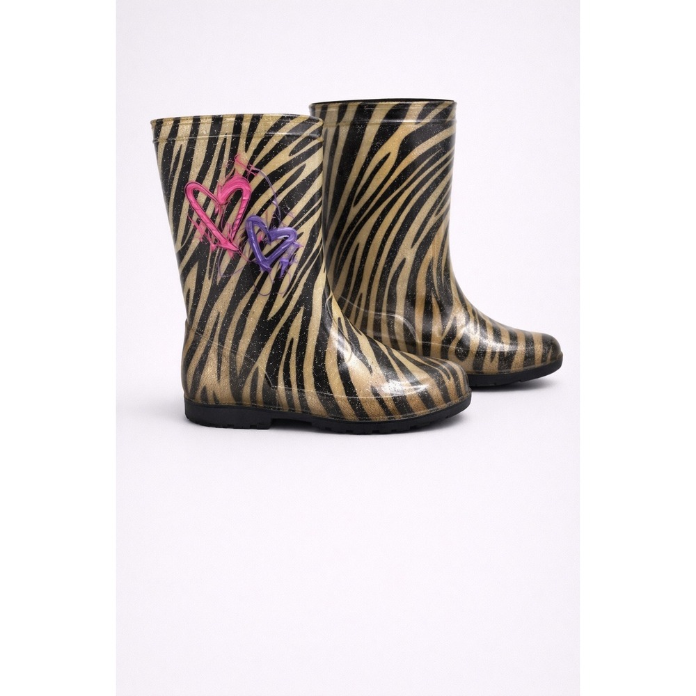 Shake It Up‎ Girls Size 3 Zebra Heart Glitter Rain Boots Gold Black Waterproof